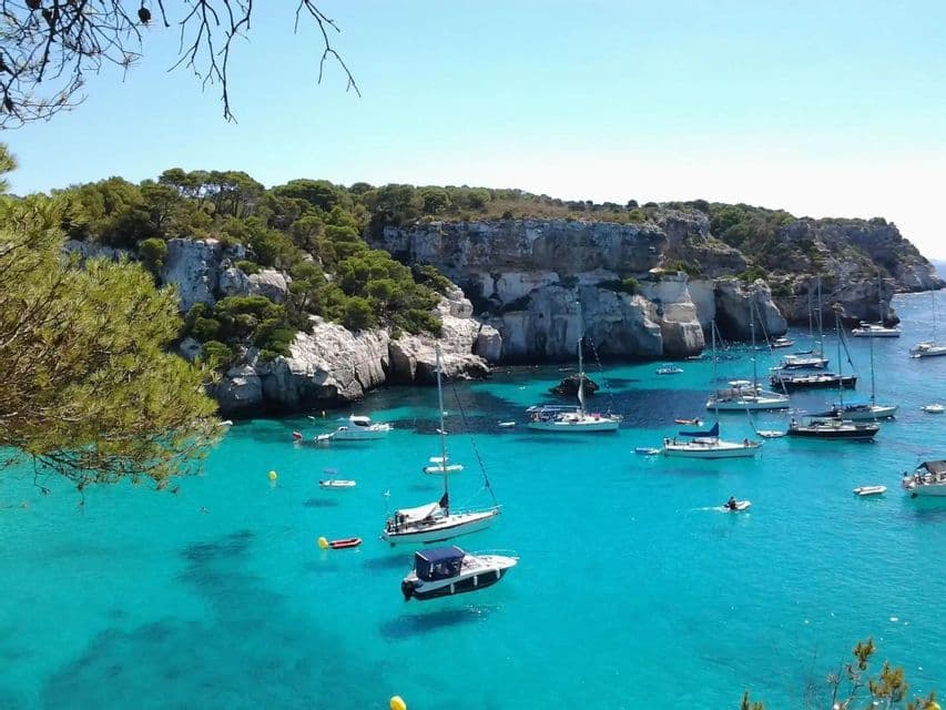 Vue plongeante sur de nombreux voiliers et yachts flottant dans une crique aux eaux turquoise claires, entourée de falaises rocheuses et d'arbres verts.