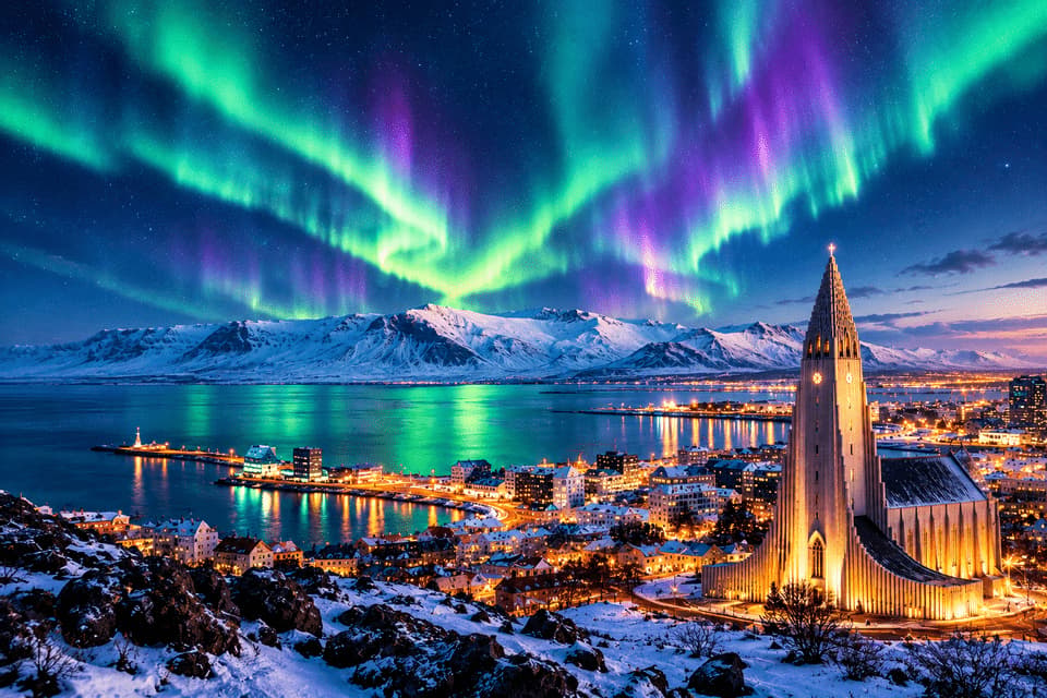 Aurora boreale verde e viola su una città costiera innevata di notte, con una chiesa illuminata e montagne distanti.