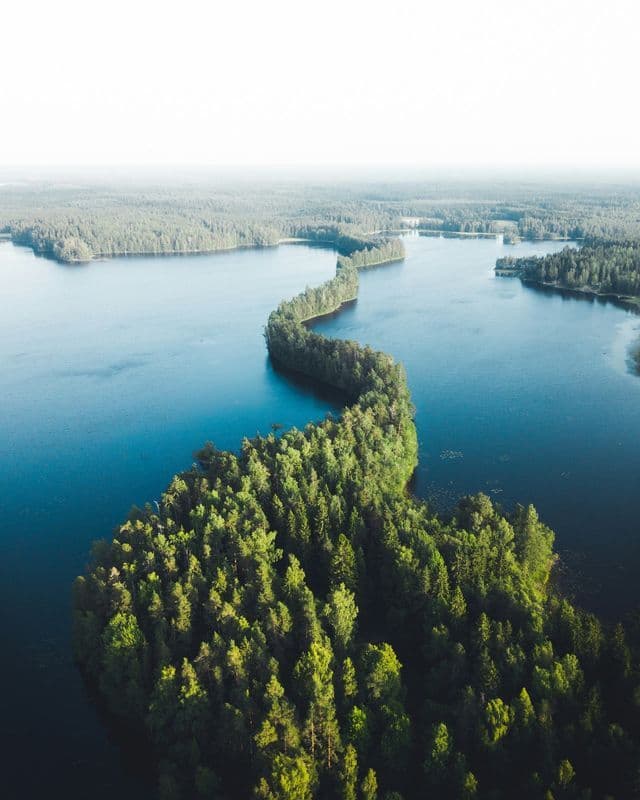 Vue aérienne d'une longue crête sinueuse recouverte de forêt verdoyante qui serpente à travers un grand lac bleu.