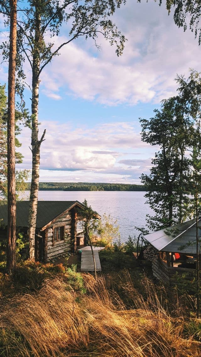 Un chalet en rondins rustique se trouve au bord d'un lac, entouré de grands arbres et d'herbe dorée sous un ciel partiellement nuageux.