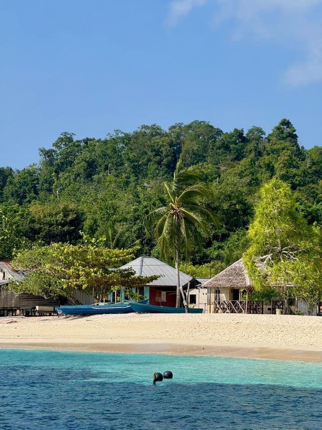 Piccole capanne di legno sulla spiaggia e barche blu su una riva sabbiosa accanto a un'acqua turchese e a una lussureggiante foresta tropicale verde.