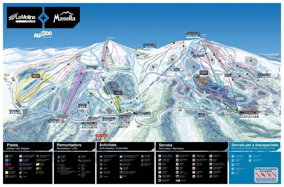 Mapa de pistas de esquí de la estación de La Molina y Masella que muestra pistas, remontes y servicios en montañas cubiertas de nieve.