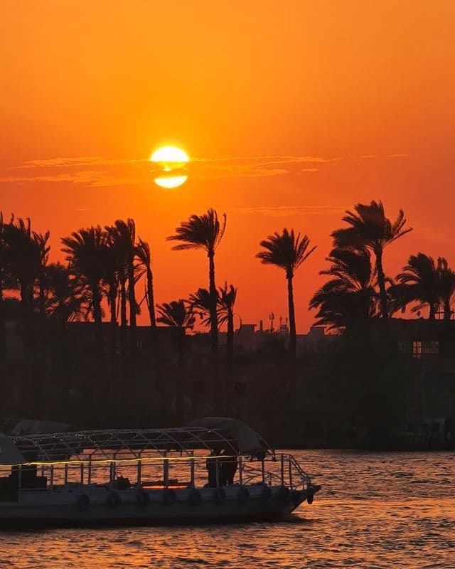 Palme e una barca sagomate contro un sole arancione brillante che tramonta sull'acqua