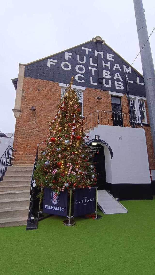 Un alto albero di Natale decorato con luci e palline si trova accanto a scale esterne davanti a un edificio in mattoni.