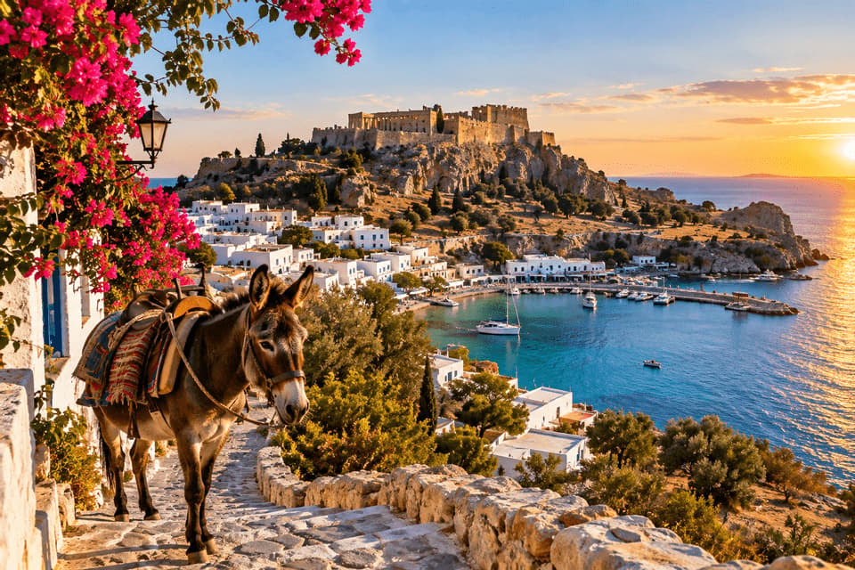 Un asino con la sella in piedi su un sentiero di pietra che domina un villaggio costiero, una baia e una fortezza sulla collina al tramonto.