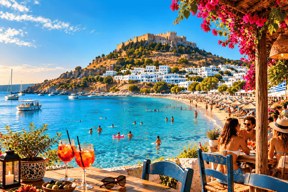 Le persone siedono sulla terrazza di un ristorante all'aperto che domina una spiaggia affollata, un mare turchese e una fortezza sulla collina.