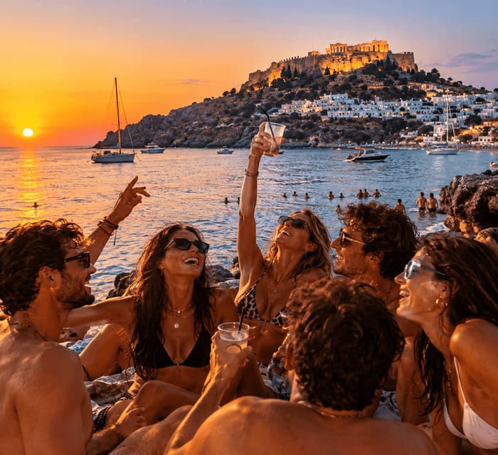 Un viaggio di gruppo WeRoad che si gode da bere su una spiaggia costiera al tramonto con antiche rovine su una collina lontana