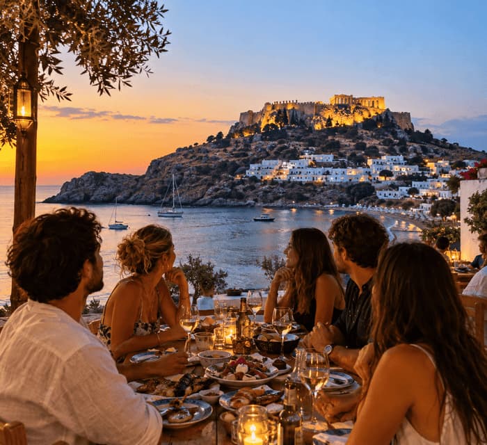 Un viaggio di gruppo WeRoad a cena all'aperto al tramonto con vista su una cittadina costiera e una fortezza illuminata sulla collina.
