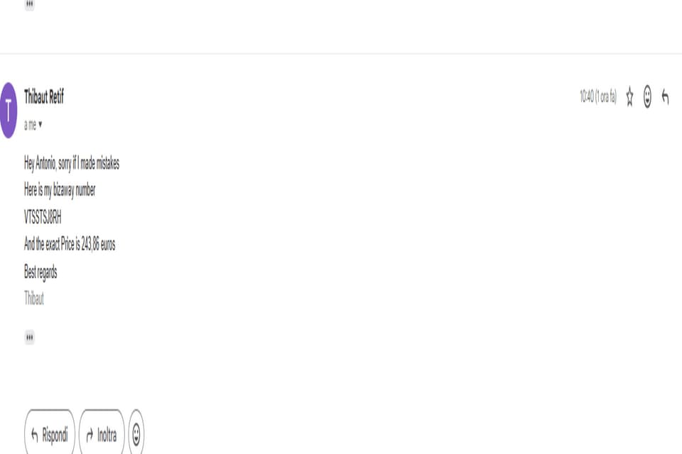 Una captura de pantalla de un mensaje de correo electronico que muestra texto sobre un codigo de referencia y un precio en euros.