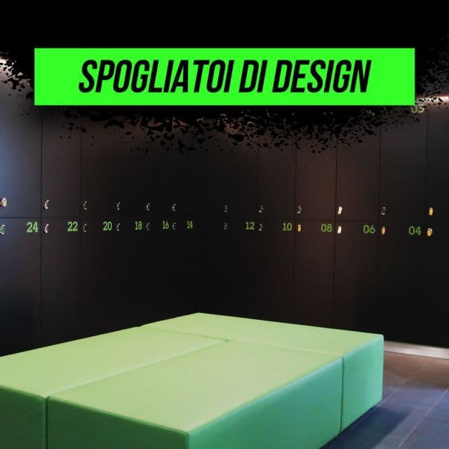 Modern locker room interior with sleek black numbered lockers and a lime green padded bench in the foreground.
