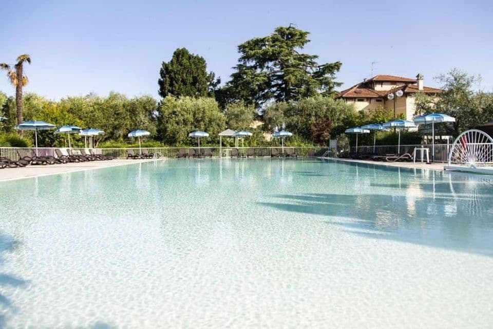 Sun loungers and umbrellas line a clear outdoor swimming pool surrounded by lush green trees under a bright blue sky.