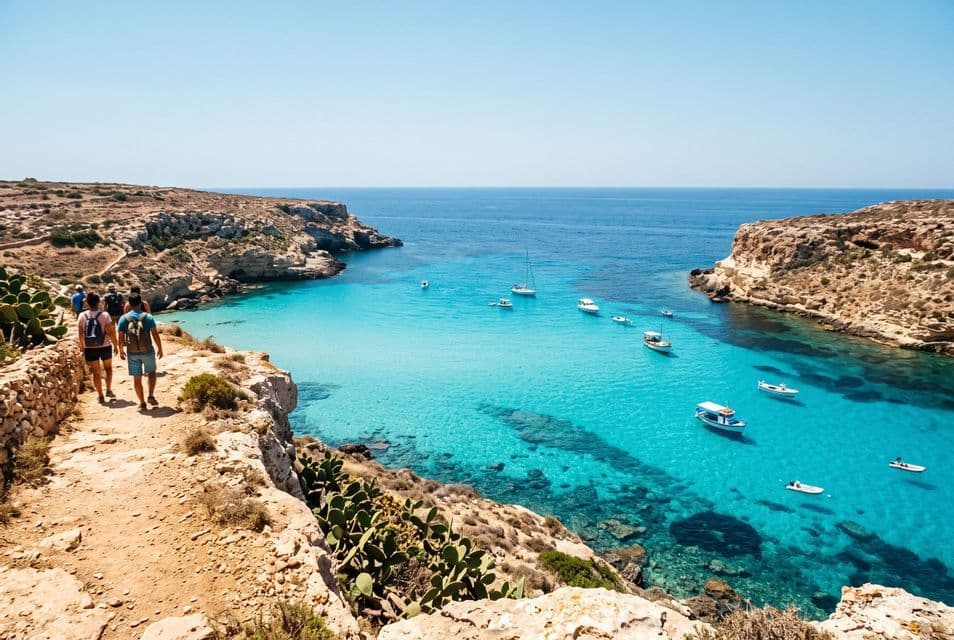 Un viaggio di gruppo WeRoad cammina lungo un sentiero a picco sulla costa che domina una baia turchese e cristallina con barche