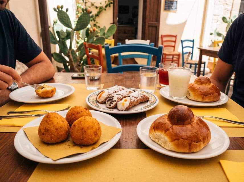 Persone sedute a un tavolo di un bar all'aperto con piatti di arancini, cannoli, brioche e bevande fredde.