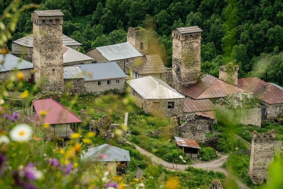 Torres de piedra medievales y casas rústicas en una ladera verde frondosa con flores silvestres en primer plano