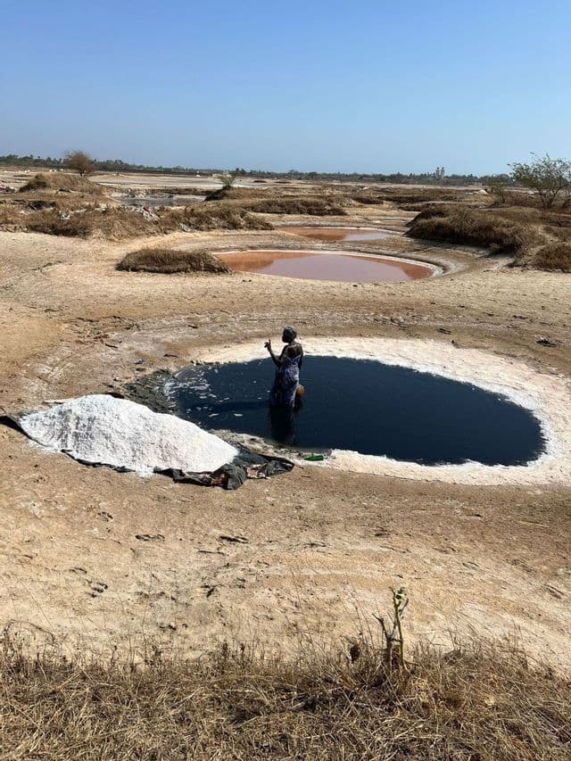 A woman stands waist-deep in a dark pool of water in a salt flat, with a large pile of harvested salt on the ground beside her.