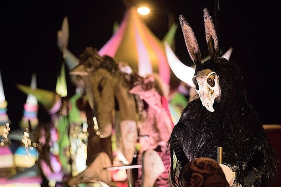 Una persona in costume scuro con una maschera a teschio di animale e lunghe orecchie durante un festival notturno.