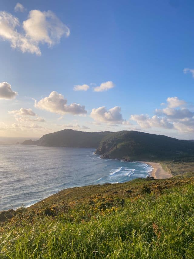 Una vista da una scogliera erbosa di una baia sabbiosa con onde che si infrangono sulla riva, circondata da verdi colline sotto un cielo azzurro con nuvole bianche.