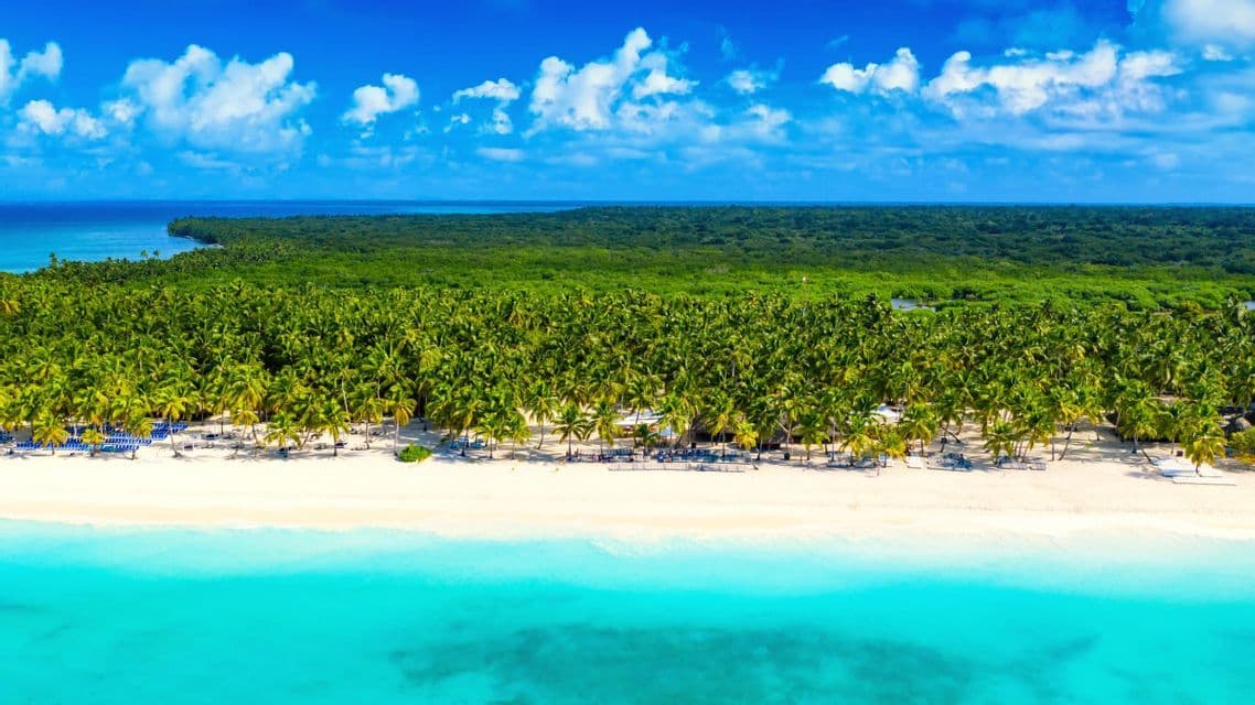 Vista aérea de una playa de arena blanca con agua turquesa, bordeada de palmeras verdes y un exuberante bosque bajo un cielo azul y nublado.