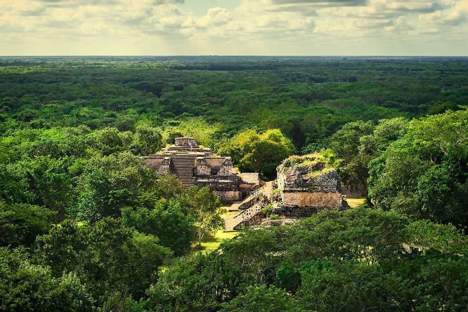 Una vista aérea de antiguas ruinas de pirámides de piedra emergiendo del dosel de una vasta y densa selva verde.