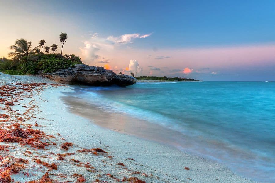 A sandy tropical beach with red seaweed, a rocky outcrop, and calm turquoise water under a colorful sky at dusk.
