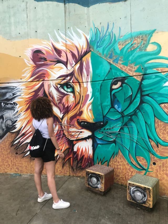 Une femme avec un sac à dos WeRoad contemple une fresque de street art colorée, un visage de lion, sur un mur en béton.