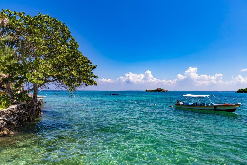 A boat with an awning is moored in clear, turquoise water next to a rocky shoreline with a lush green tree under a blue sky.