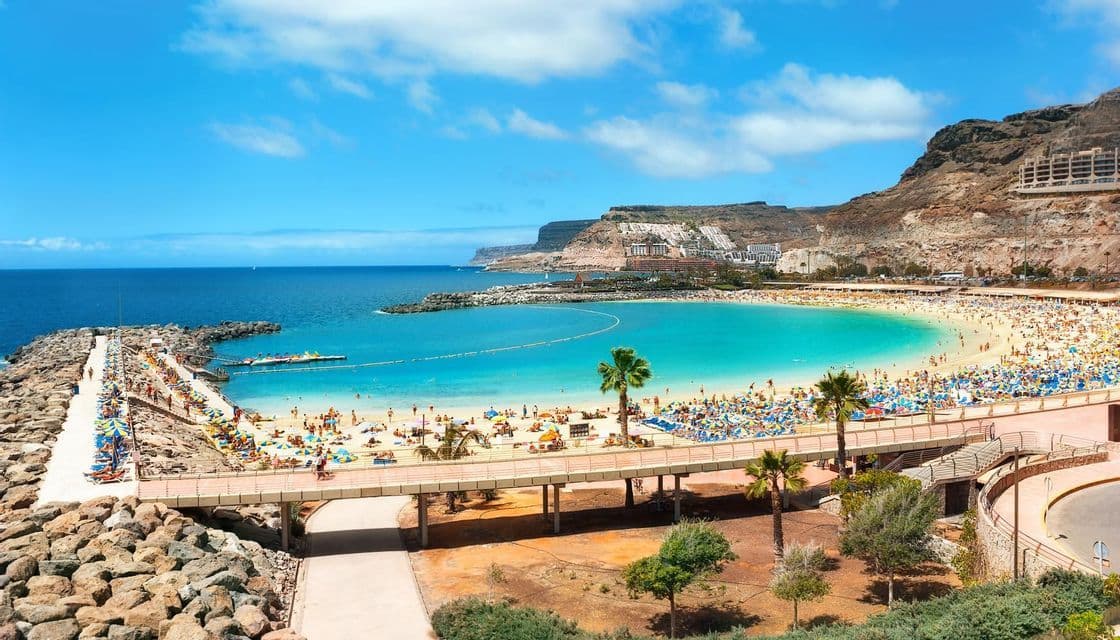 An elevated view of a crowded beach in a cove with turquoise water, surrounded by cliffs under a bright blue sky.