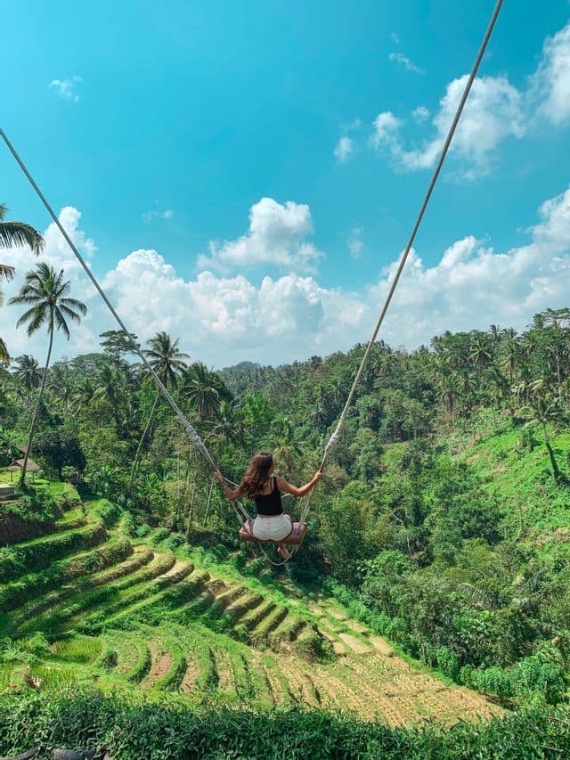 Une femme sur une grande balançoire contemple de luxuriantes rizières en terrasses et une forêt tropicale sous un ciel bleu.