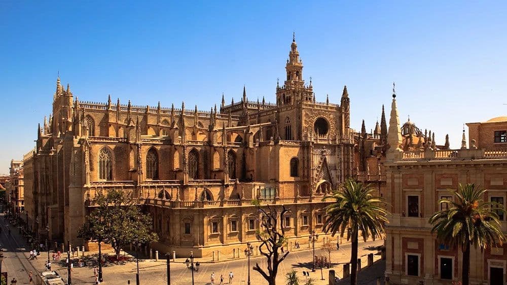 An ornate Gothic cathedral with a tall bell tower stands against a clear blue sky above a city street with palm trees.