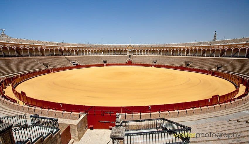 A wide view of an empty bullfighting arena with a golden sand ring, tiered seating, and an arched colonnade under a clear blue sky.