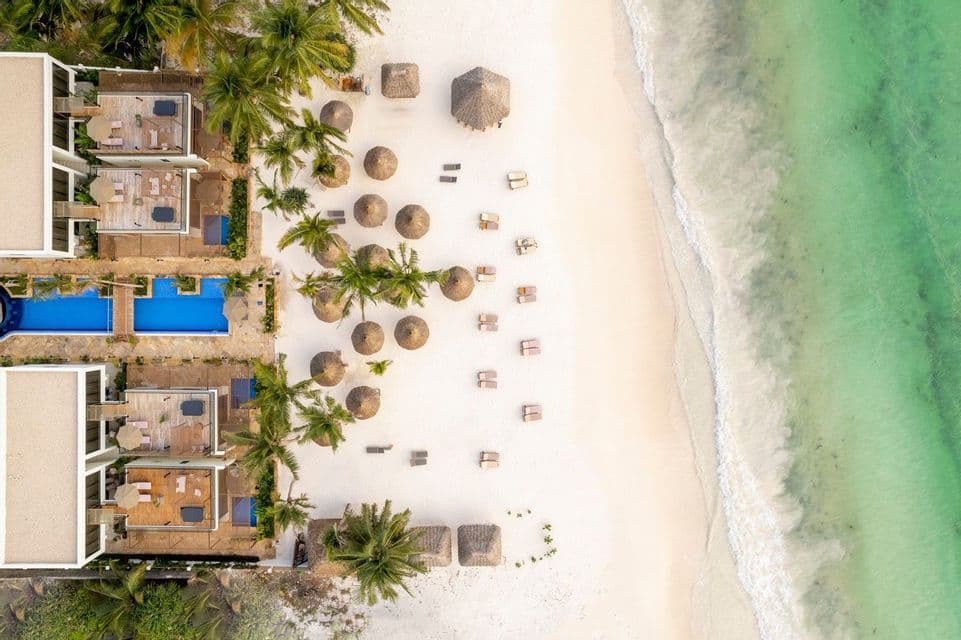 An aerial top-down view of a resort with pools and palm trees on a white sand beach next to turquoise ocean water.