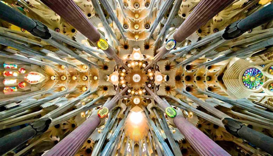 Una veduta dal basso verso l'alto del soffitto riccamente decorato di una cattedrale, con intricate colonne ramificate e vetrate colorate.