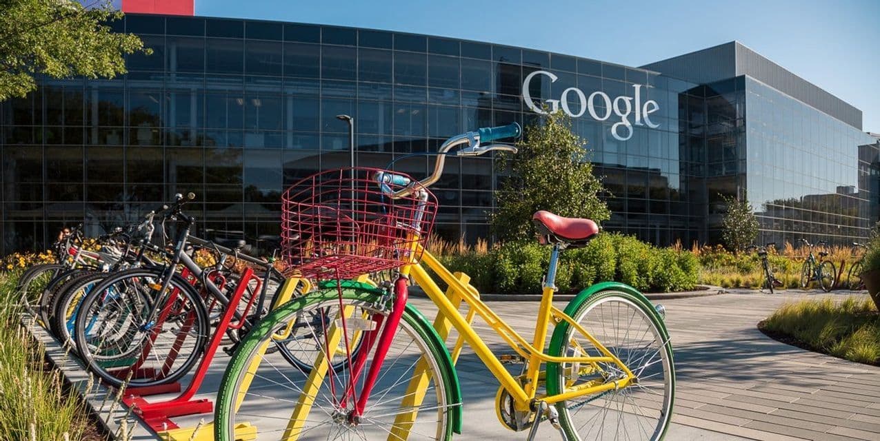 Biciclette colorate parcheggiate in una rastrelliera davanti alla moderna sede in vetro di Google in una giornata di sole.