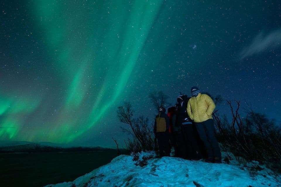Un gruppo WeRoad in viaggio su una collina innevata di notte, ammira l'aurora boreale verde nel cielo stellato.