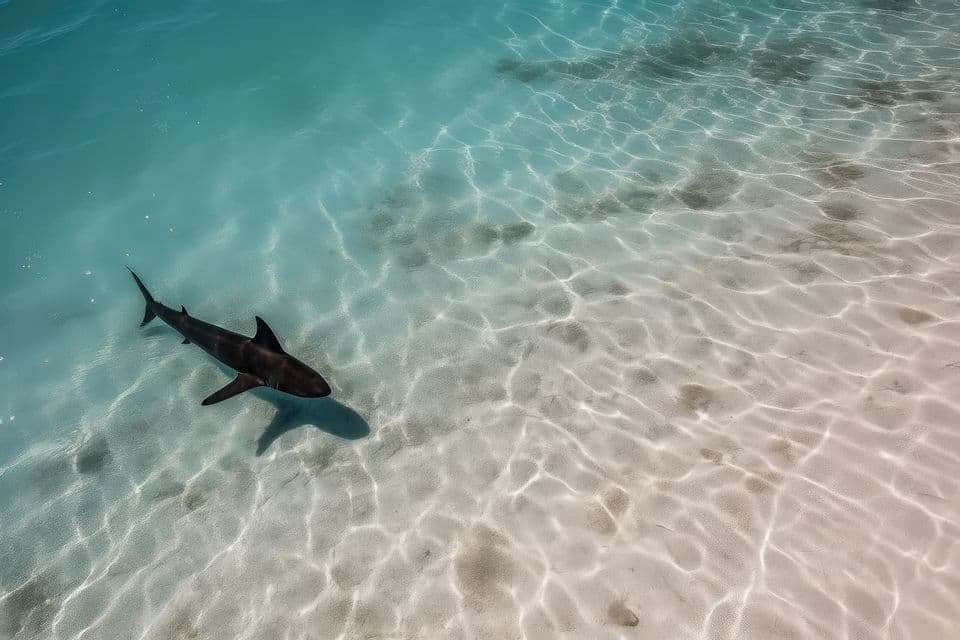 Un tiburón nada en aguas poco profundas de color turquesa sobre un fondo marino arenoso, con la luz del sol creando patrones en la arena.
