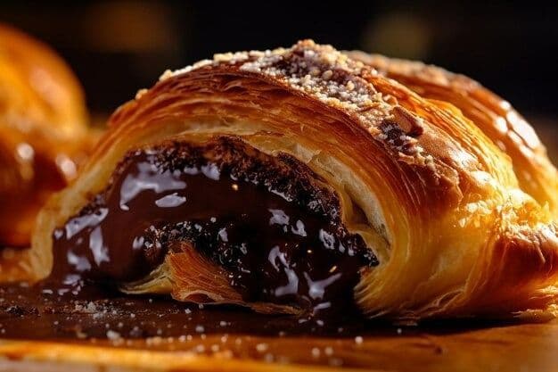 Primo piano di un cornetto sfogliato con un ricco ripieno di cioccolato fuso che cola, spolverato di zucchero.