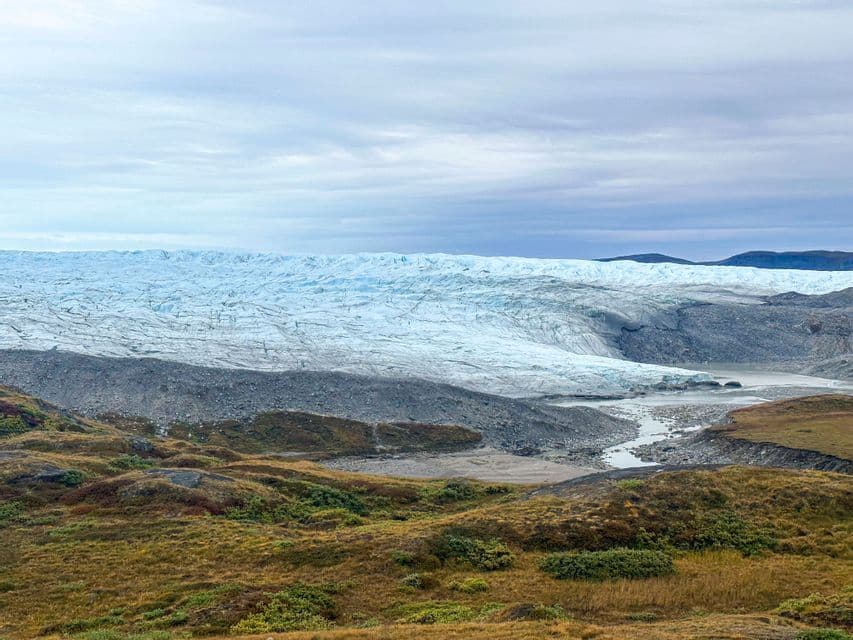Un vasto ghiacciaio si trova in una valle, con colline di tundra erbosa in primo piano sotto un cielo nuvoloso.