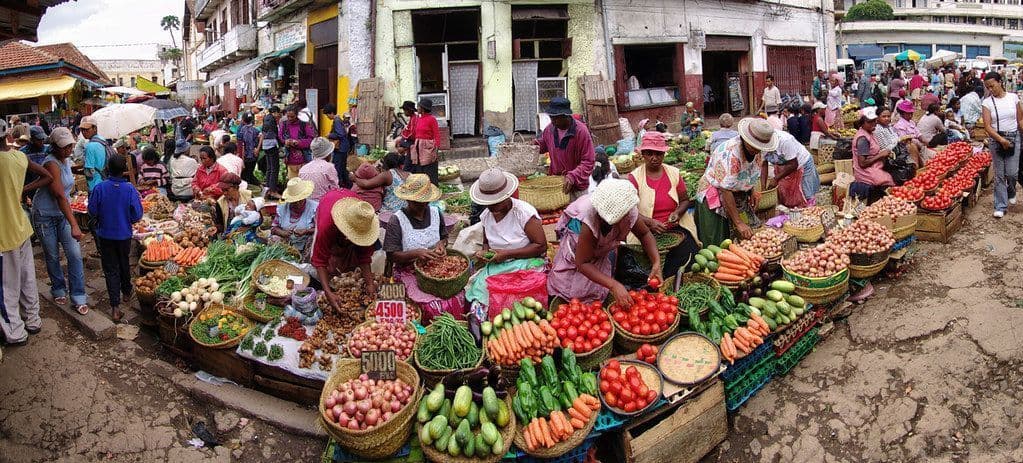 Una vista de gran angular de un bullicioso mercado callejero al aire libre con vendedores ofreciendo verduras frescas de cestas tejidas.