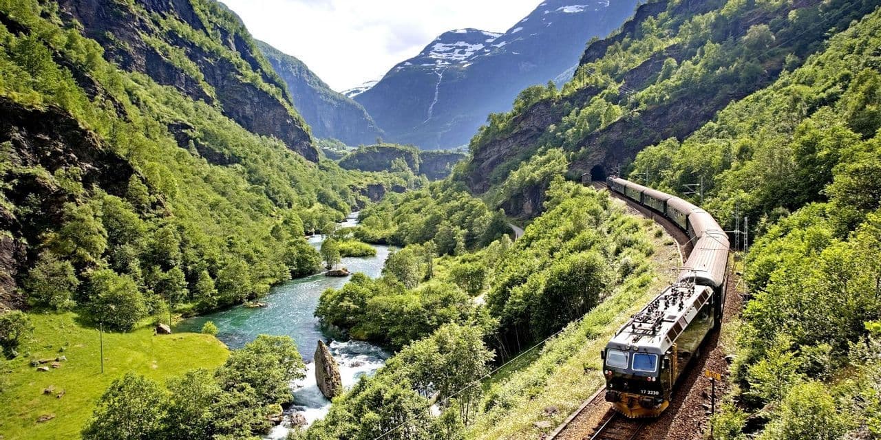 Un treno viaggia su un binario attraverso una lussureggiante e verde valle di montagna accanto a un fiume, con cime innevate in lontananza.