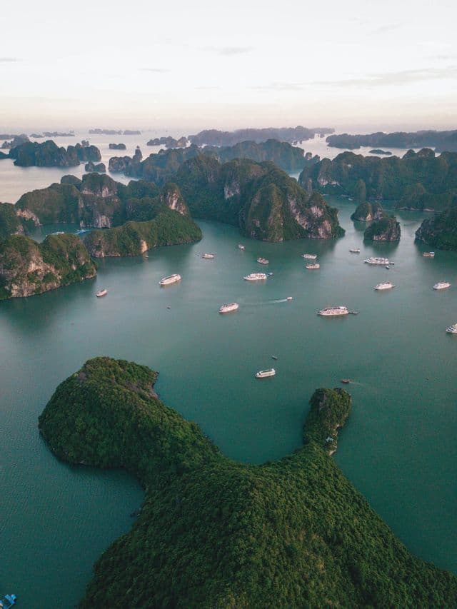 Una veduta aerea di imbarcazioni e navi da crociera che solcano acque calme e verdi tra numerose isole ripide e lussureggianti.