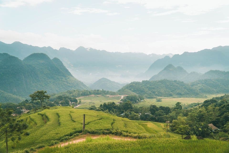 Un paesaggio di verdi colline terrazzate e una valle lussureggiante, con uno sfondo di montagne nebbiose sotto un cielo pallido.