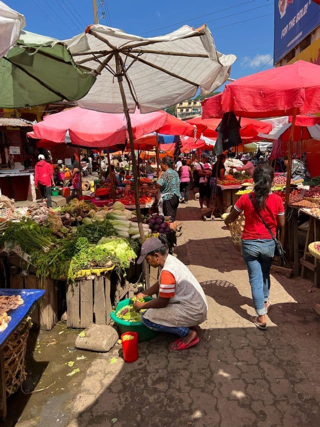Un vivace mercato alimentare all'aperto con venditori e acquirenti alle bancarelle di prodotti sotto ombrelloni colorati.
