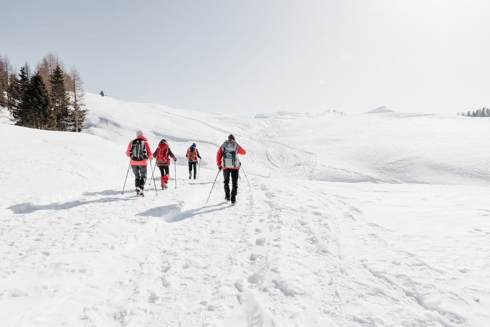A WeRoad group trip hiking with poles through a vast, snow-covered landscape under a bright, clear sky.