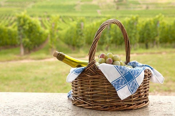 Un cesto da picnic in vimini con una bottiglia di vino e uva si trova su un muretto di pietra che si affaccia su un vigneto verde.