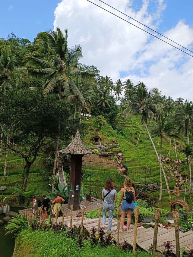 Un viaje en grupo de WeRoad camina por un sendero de madera con vistas a exuberantes arrozales en terrazas con una gran escultura de cara.