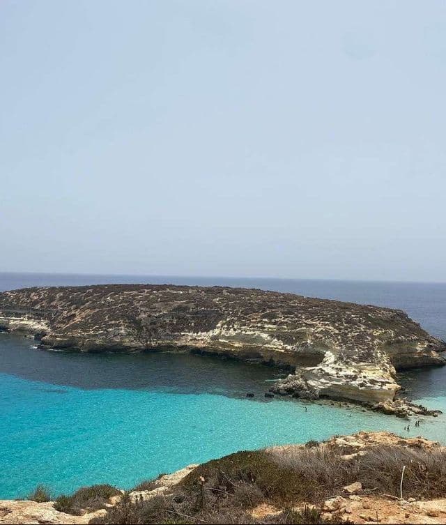 Un'isola rocciosa e ricoperta di macchia mediterranea forma una cala con una piccola spiaggia e acque turchesi vibranti.
