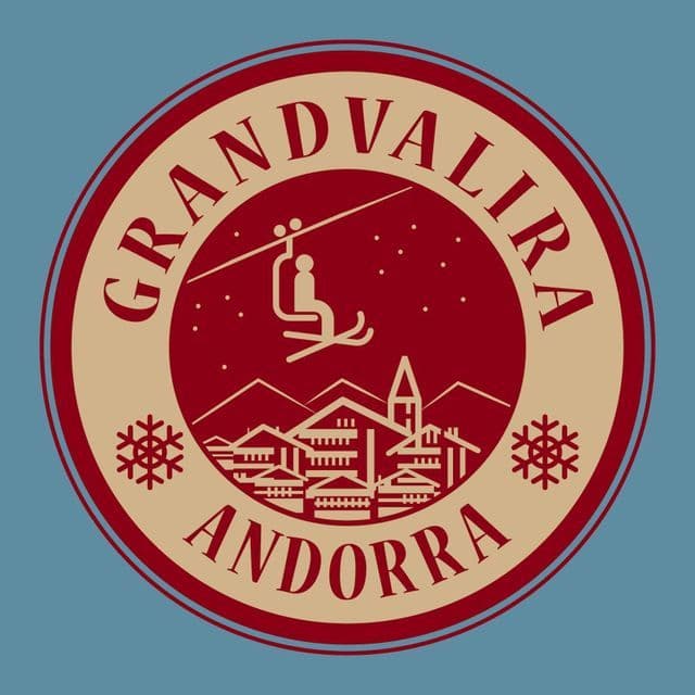 Un logotipo circular rojo y beige para Grandvalira, Andorra, con un esquiador en un telesilla sobre un pueblo de montaña con copos de nieve.