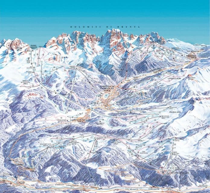 Una mappa delle piste da sci della zona delle Dolomiti di Brenta, che mostra le località di Madonna di Campiglio, Folgarida e Marilleva.