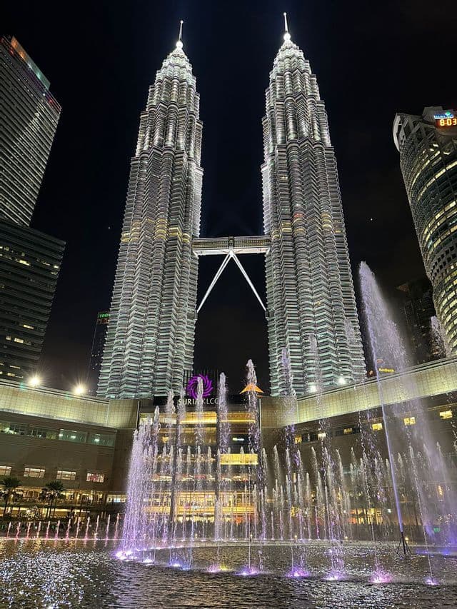 Deux hautes tours jumelles illuminées la nuit, avec un grand spectacle de fontaines éclairé par des lumières violettes et blanches au premier plan.