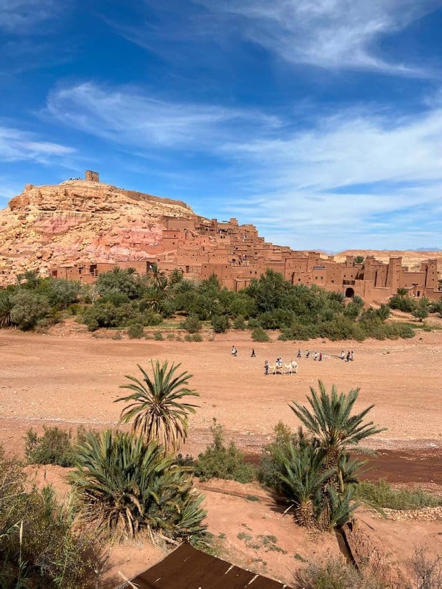 Un villaggio di mattoni di fango su una collina rocciosa domina una pianura sabbiosa con palme, persone e animali sotto un cielo azzurro.